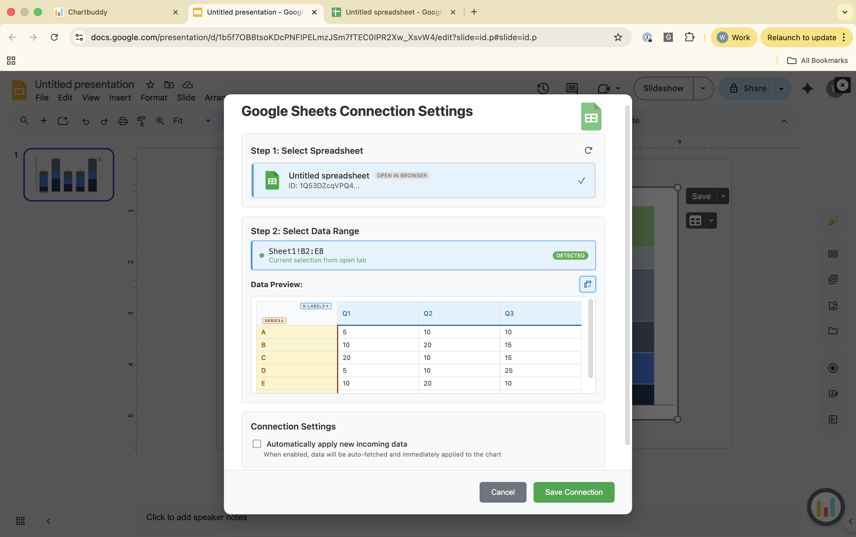 Chartbuddy showing the link option with the fetched data ready to accept
